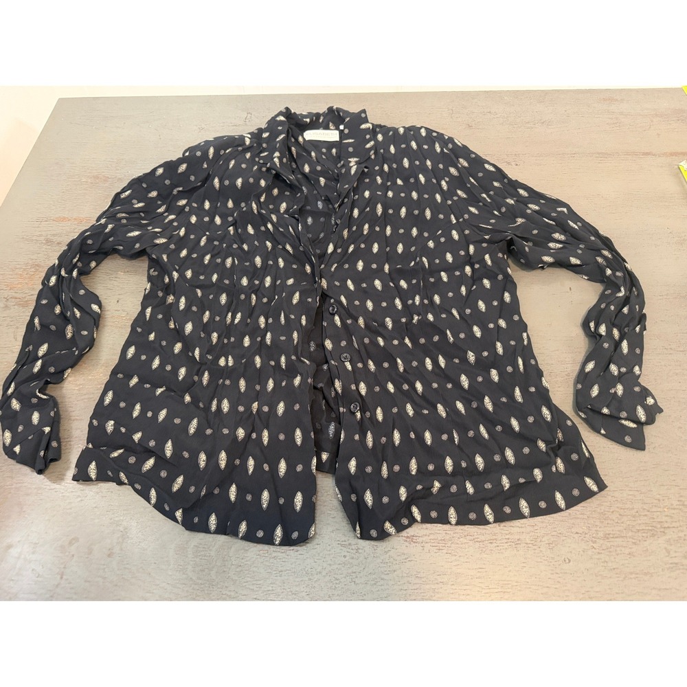 Elisabeth Liz Claiborne Womens 16 Blouse Navy Blue Rayon Geometric Button Front